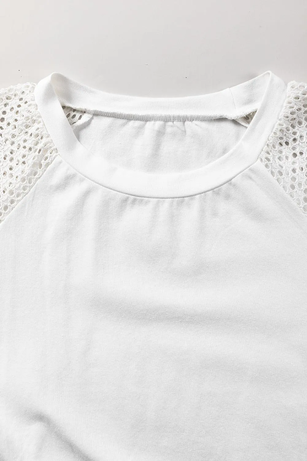 White Pointelle Lace Half Sleeve Crew Neck Tee for Women