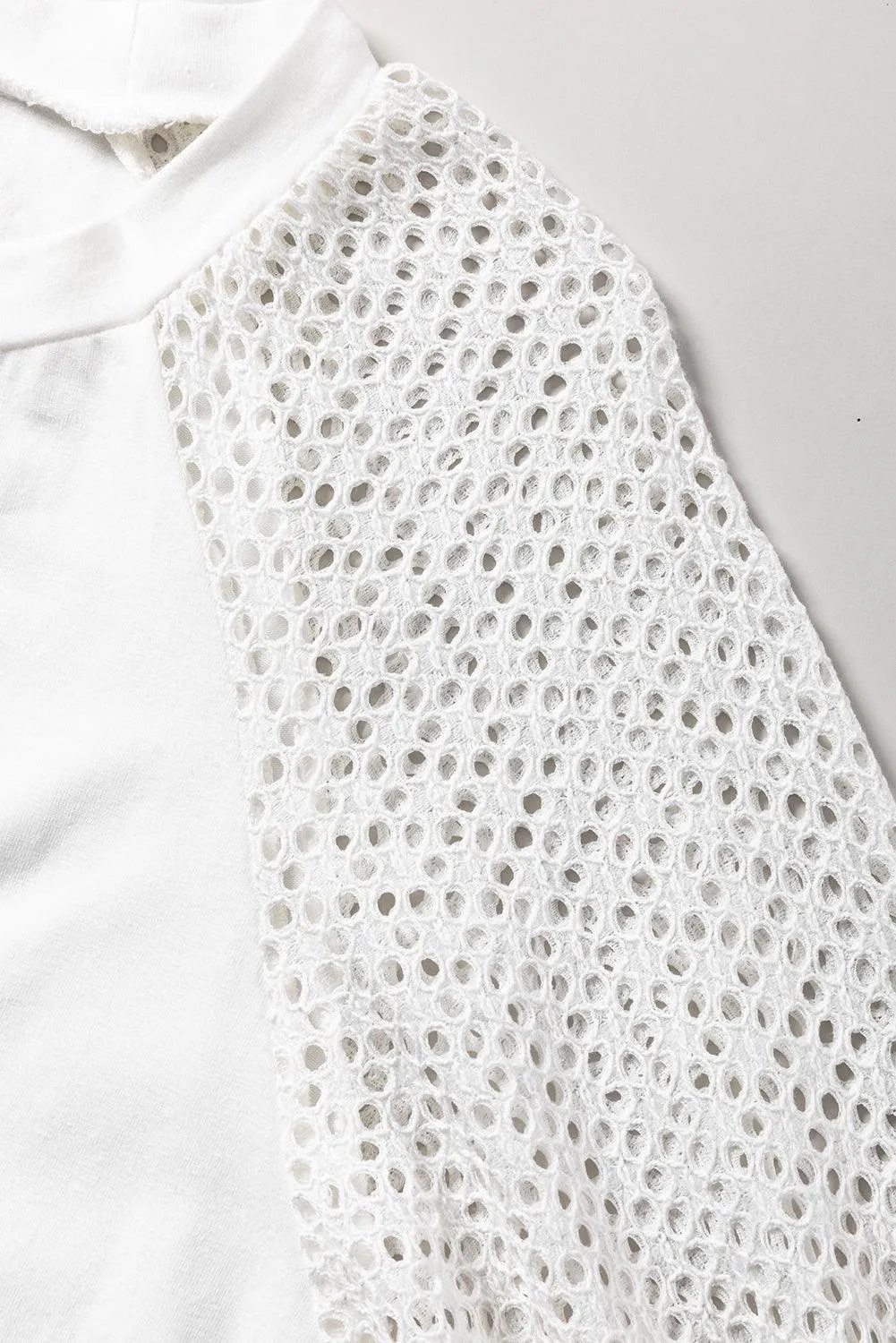 White Pointelle Lace Half Sleeve Crew Neck Tee for Women