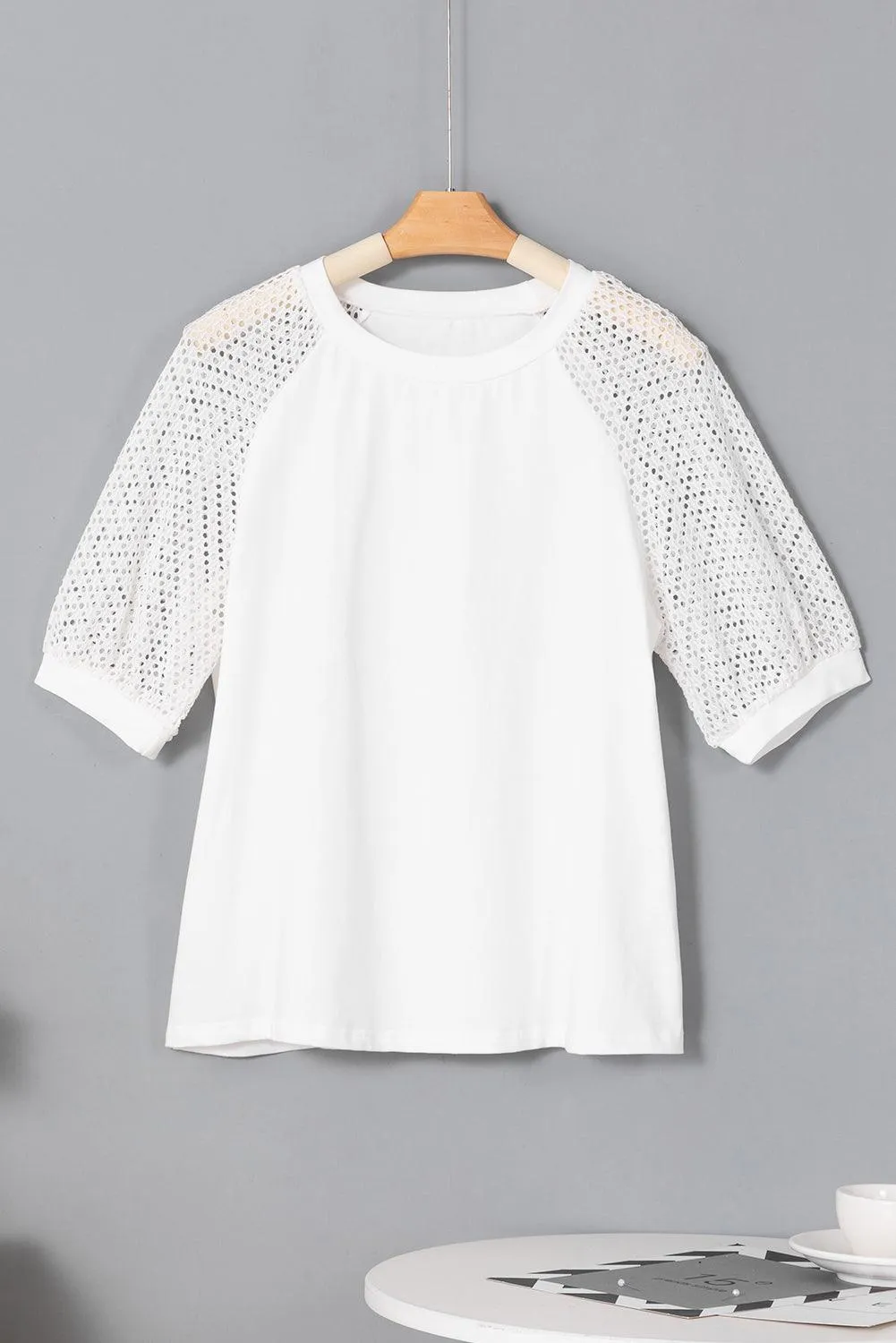 White Pointelle Lace Half Sleeve Crew Neck Tee for Women