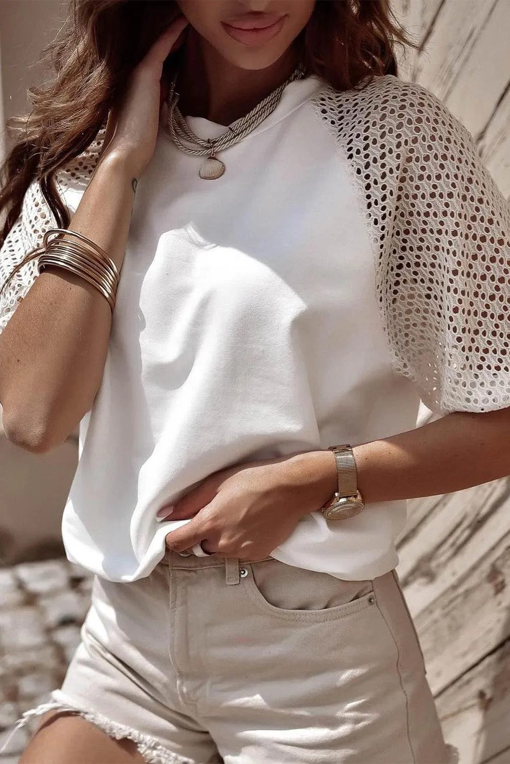 White Pointelle Lace Half Sleeve Crew Neck Tee for Women