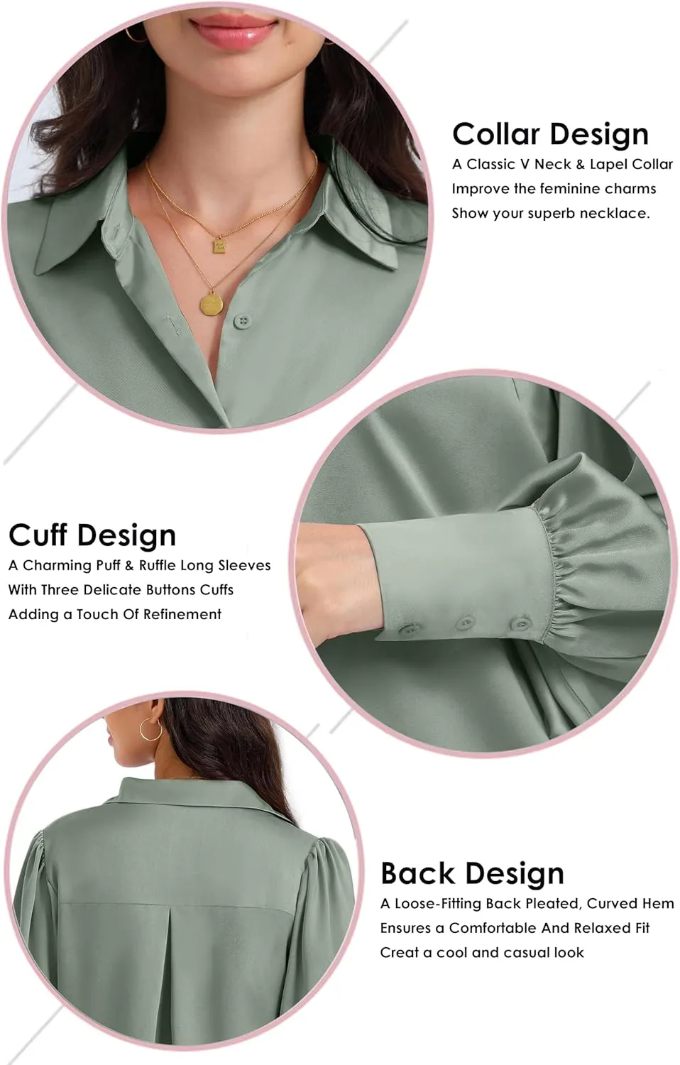 Women Satin Button Down Shirts Lantern Long Sleeve Silk Blouses Office Casual Business Silk Tops