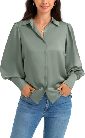 Women Satin Button Down Shirts Lantern Long Sleeve Silk Blouses Office Casual Business Silk Tops