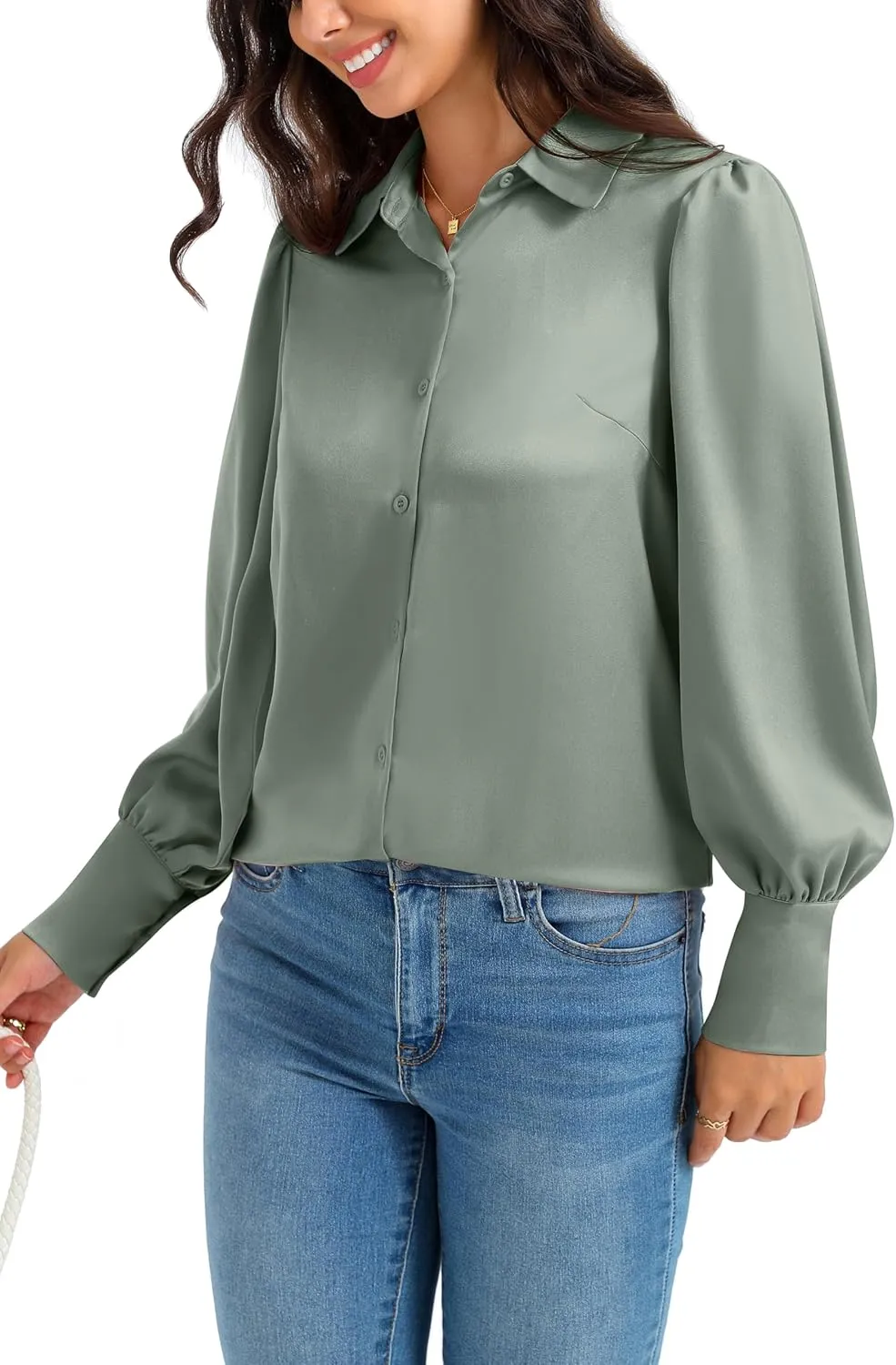 Women Satin Button Down Shirts Lantern Long Sleeve Silk Blouses Office Casual Business Silk Tops