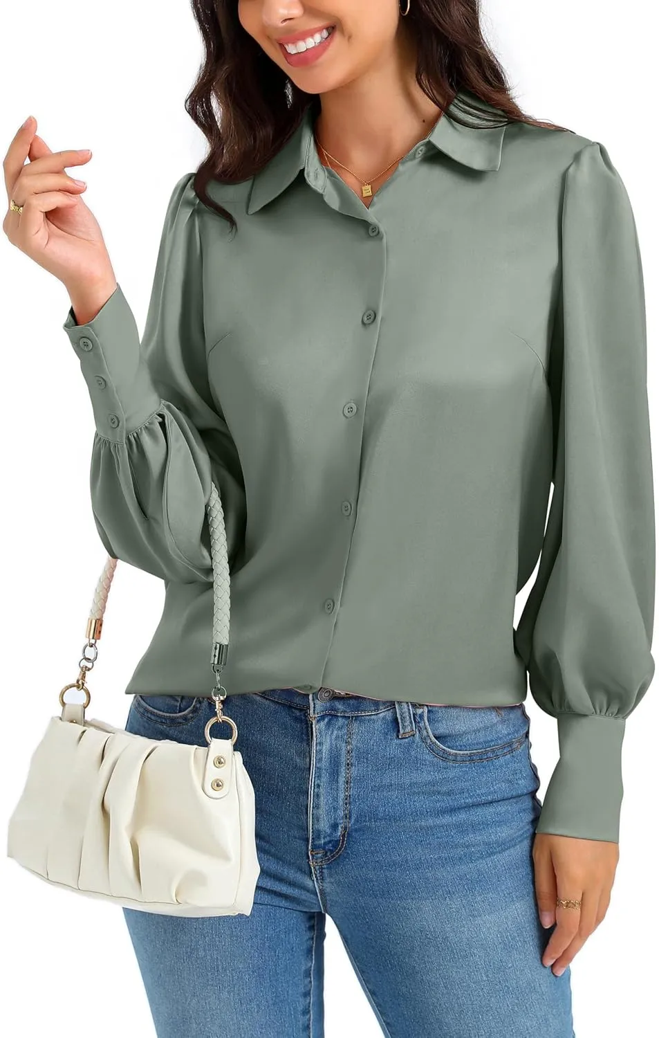 Women Satin Button Down Shirts Lantern Long Sleeve Silk Blouses Office Casual Business Silk Tops
