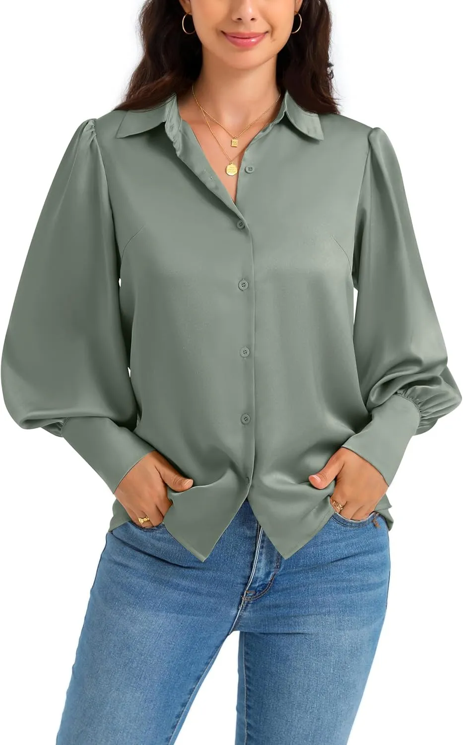 Women Satin Button Down Shirts Lantern Long Sleeve Silk Blouses Office Casual Business Silk Tops