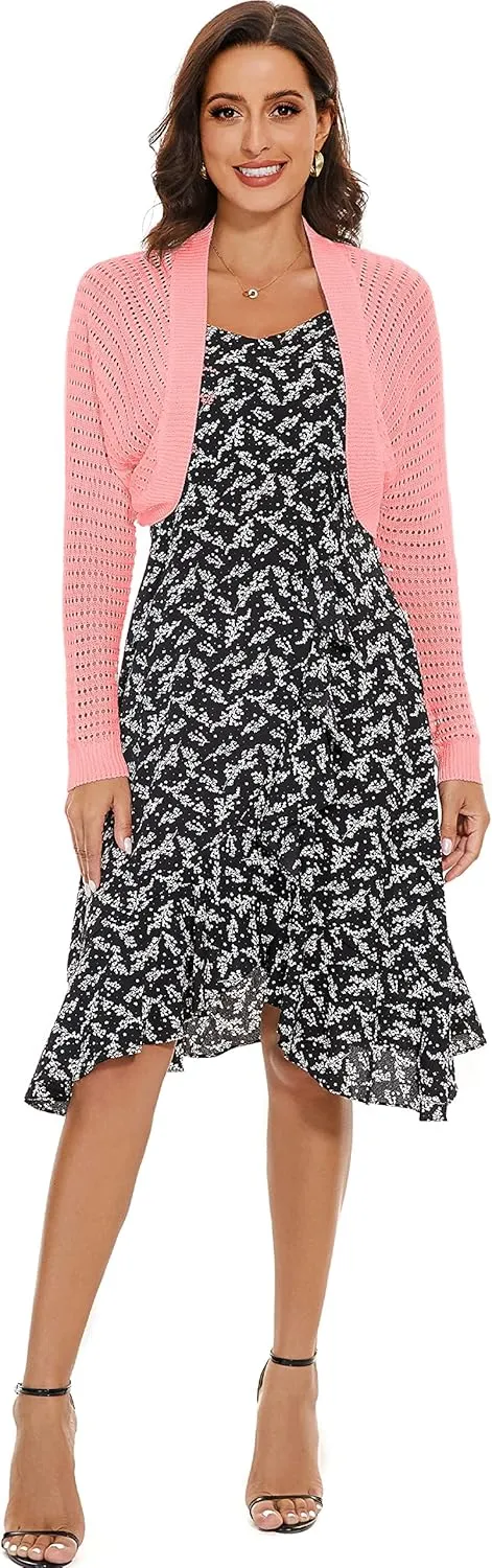 Women's Long Sleeve Open Front Bolero Shrug Lightweight Knit Hollow Out Cropped Cardigan