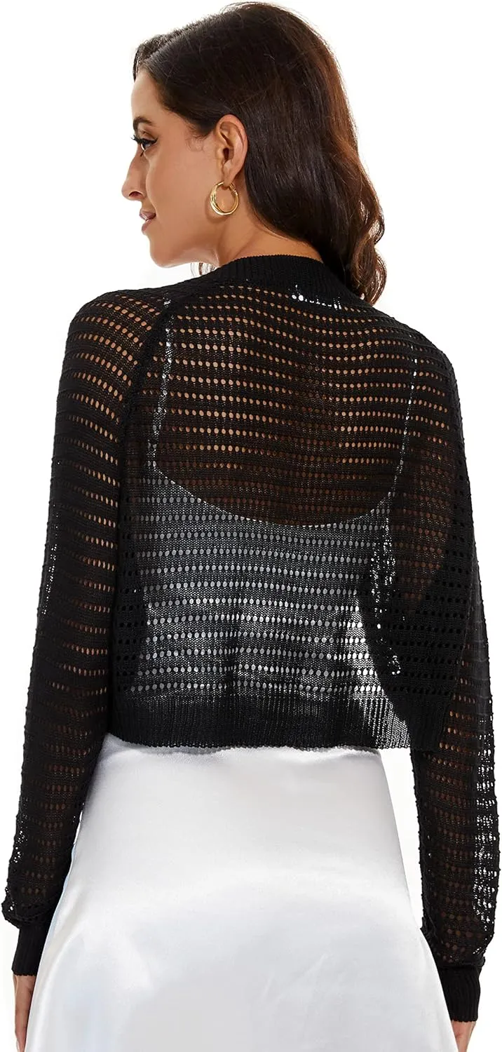 Women's Long Sleeve Open Front Bolero Shrug Lightweight Knit Hollow Out Cropped Cardigan