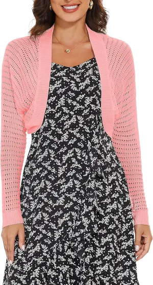 Women's Long Sleeve Open Front Bolero Shrug Lightweight Knit Hollow Out Cropped Cardigan