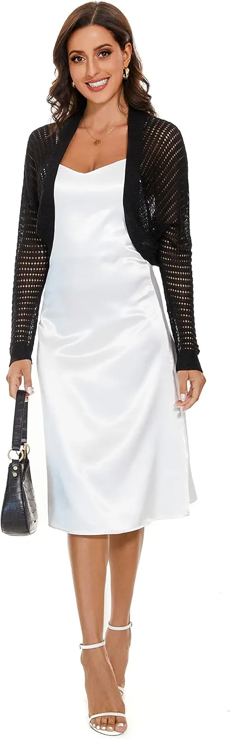 Women's Long Sleeve Open Front Bolero Shrug Lightweight Knit Hollow Out Cropped Cardigan