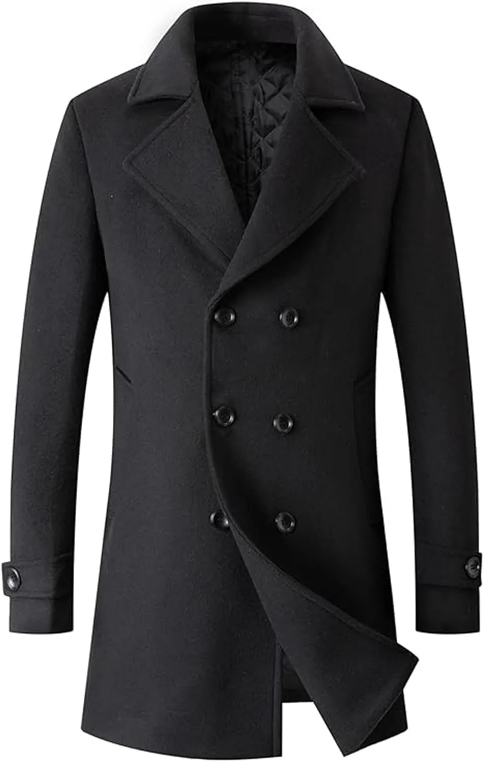 xxxiticat Men's Black Pea Coat Long Sleeve Notched Lapel Regular Fit Business Double Breasted Winter Overcoat Jacket