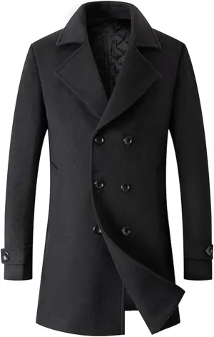 xxxiticat Men's Black Pea Coat Long Sleeve Notched Lapel Regular Fit Business Double Breasted Winter Overcoat Jacket
