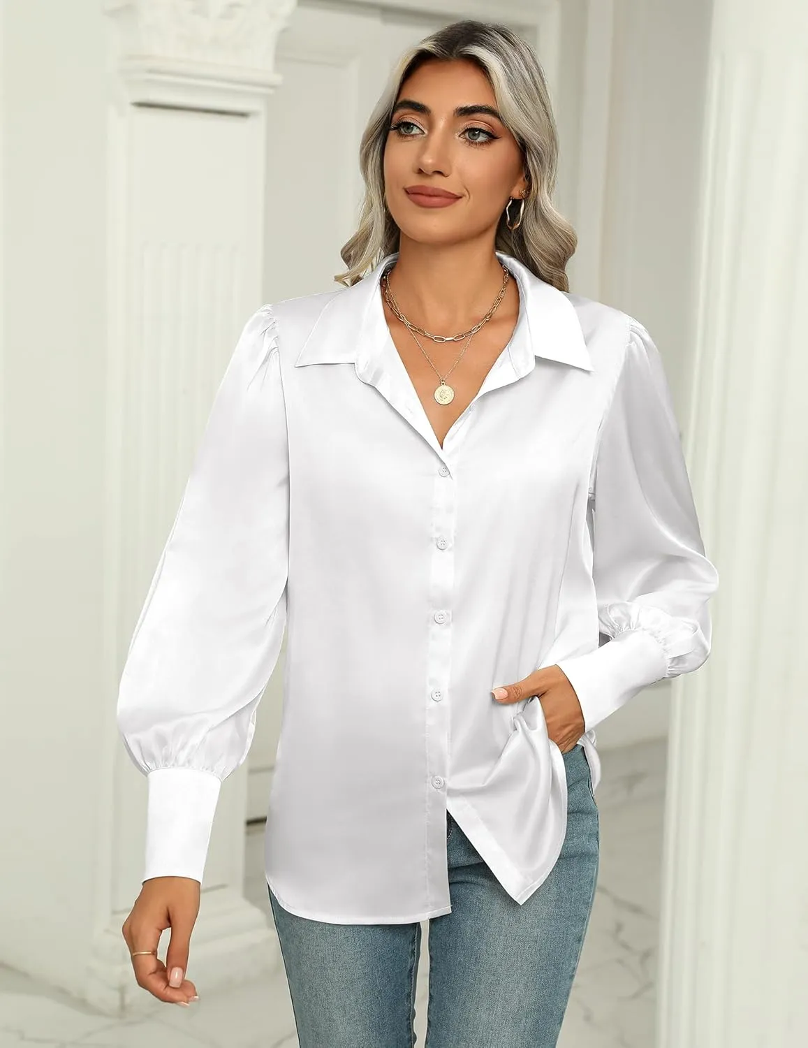 Zeagoo Womens Satin Blouse Lantern Long Sleeve Silk Button Down Shirt Dressy Casual Business Work Tunic Tops