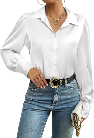 Zeagoo Womens Satin Blouse Lantern Long Sleeve Silk Button Down Shirt Dressy Casual Business Work Tunic Tops
