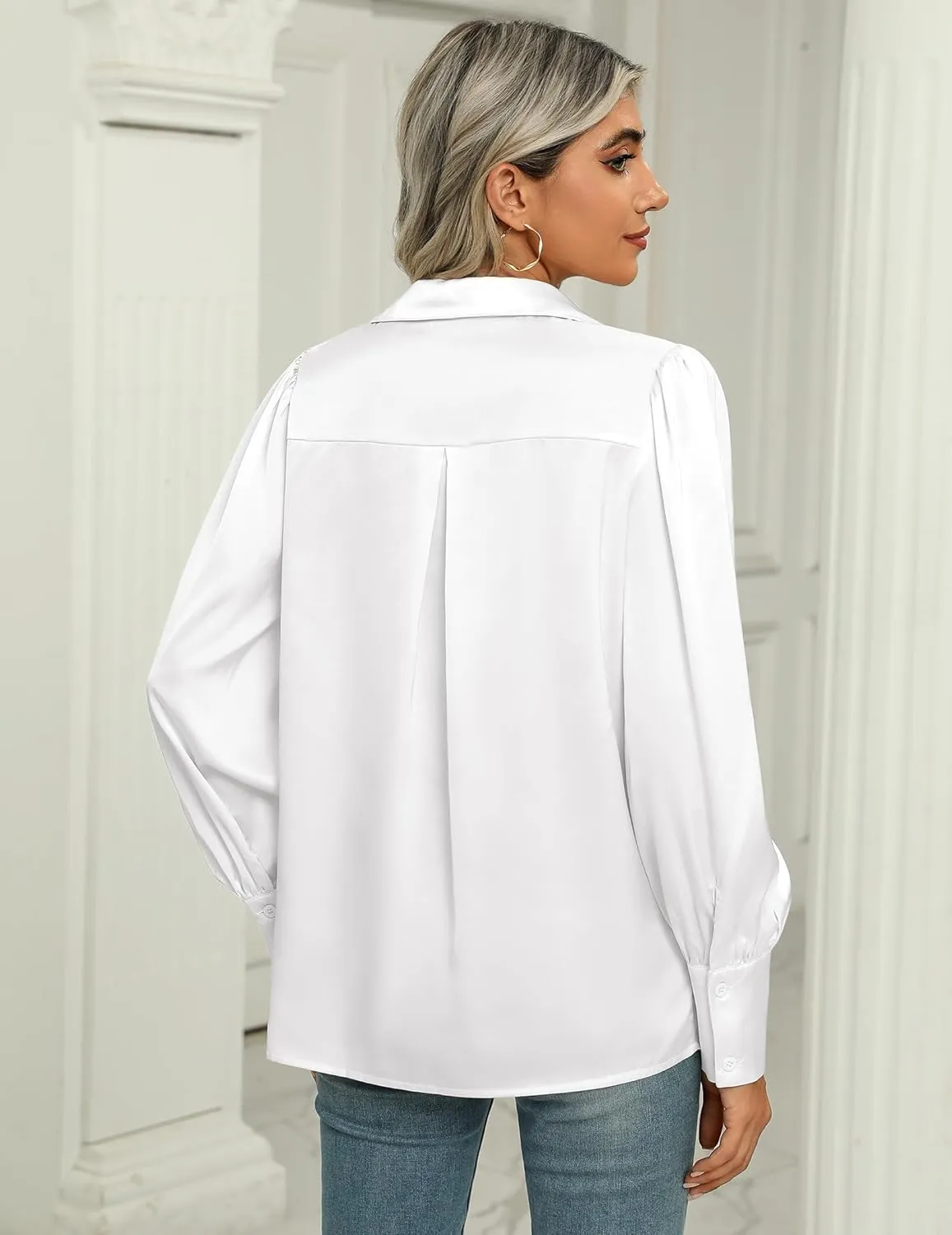 Zeagoo Womens Satin Blouse Lantern Long Sleeve Silk Button Down Shirt Dressy Casual Business Work Tunic Tops