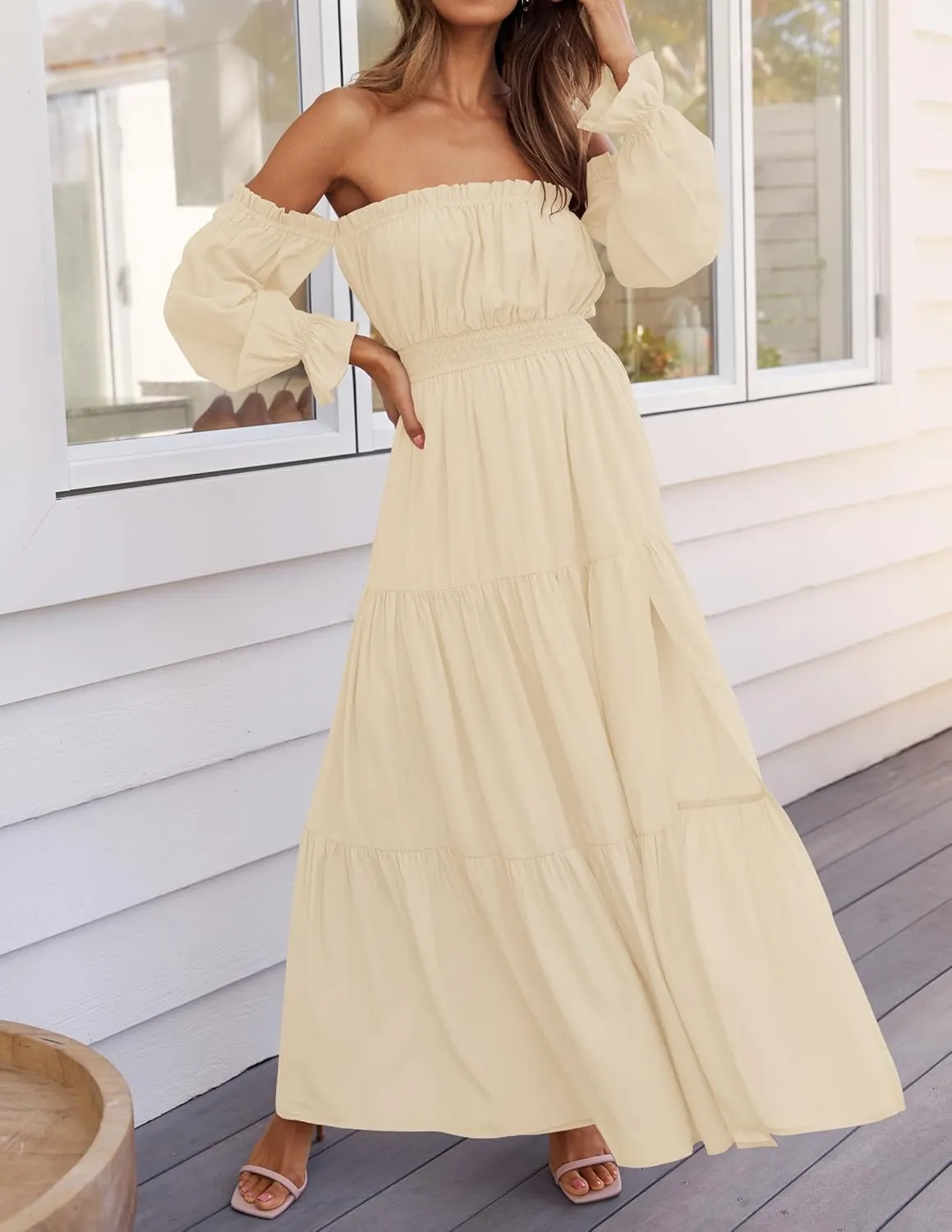 ZESICA Women's 2025 Boho Sexy Off Shoulder Long Sleeve Smocked High Waist Side Split Flowy A Line Tiered Long Maxi Dress