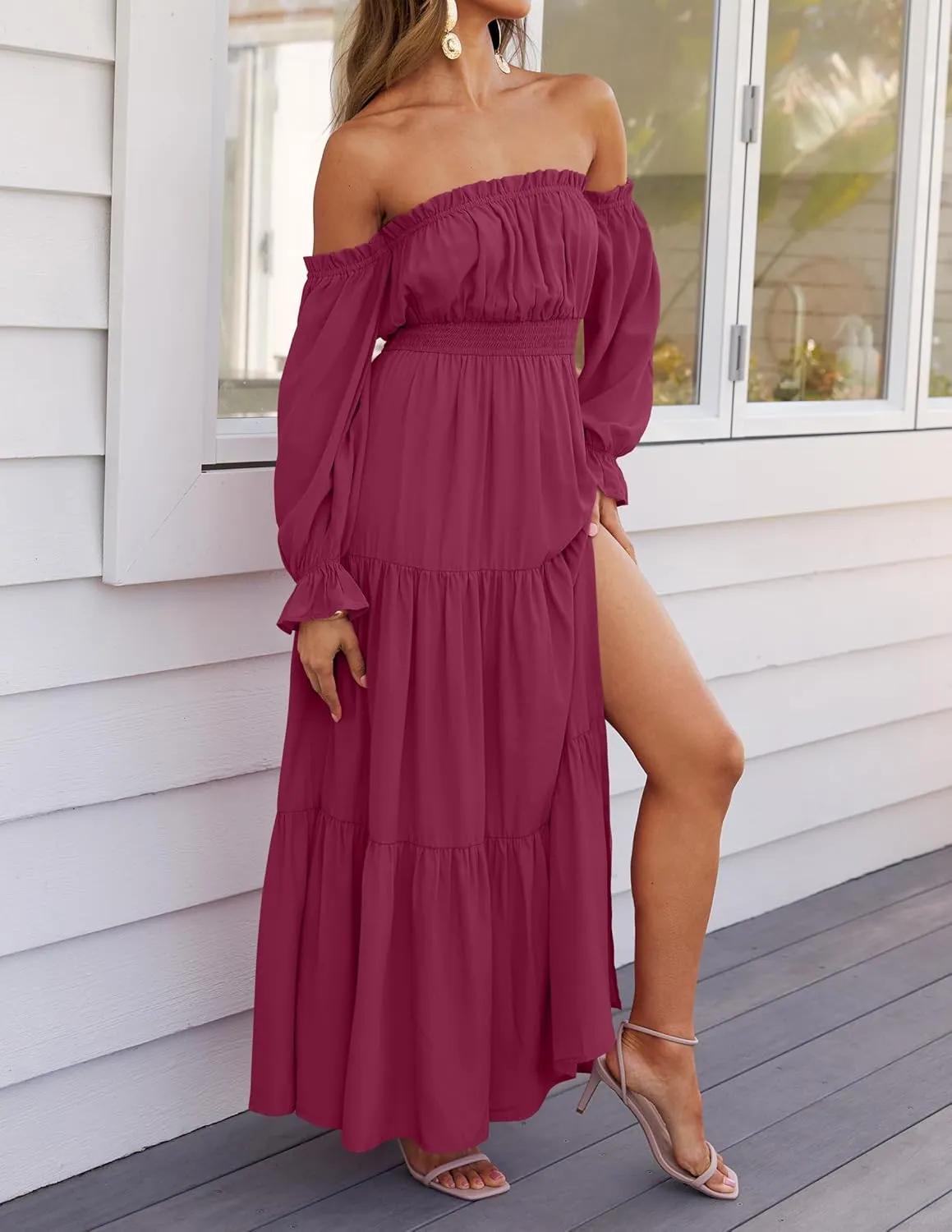 ZESICA Women's 2025 Boho Sexy Off Shoulder Long Sleeve Smocked High Waist Side Split Flowy A Line Tiered Long Maxi Dress