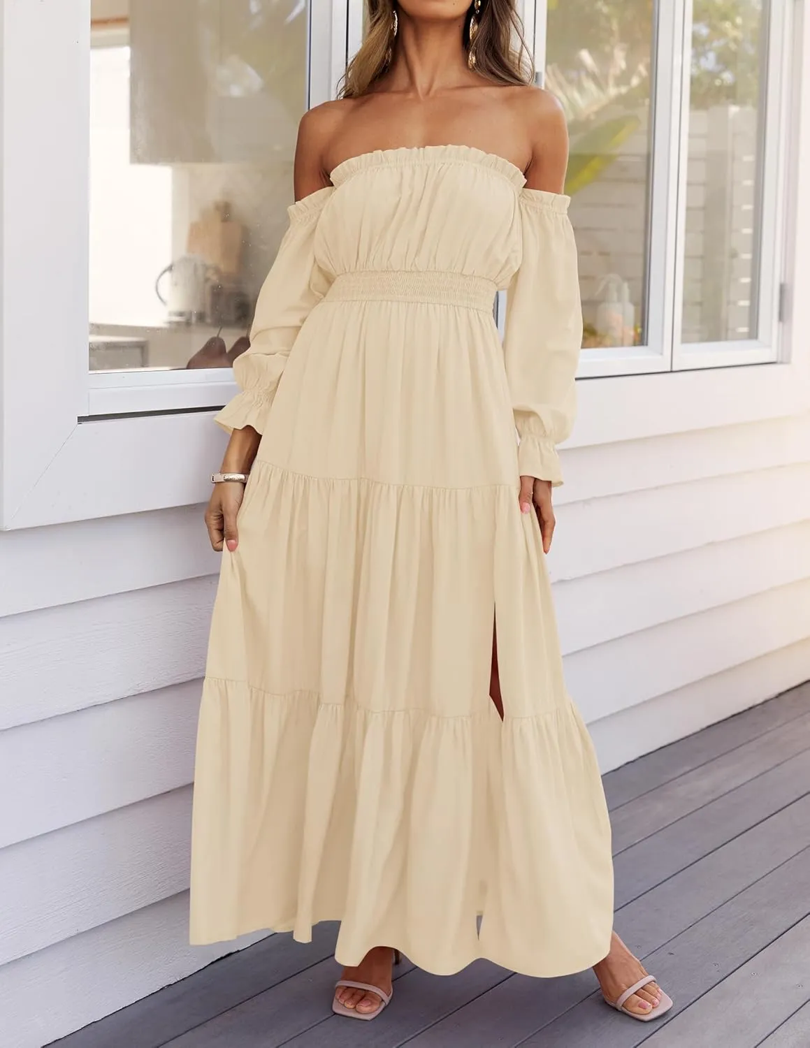 ZESICA Women's 2025 Boho Sexy Off Shoulder Long Sleeve Smocked High Waist Side Split Flowy A Line Tiered Long Maxi Dress