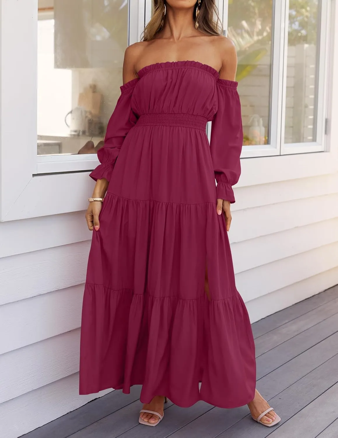 ZESICA Women's 2025 Boho Sexy Off Shoulder Long Sleeve Smocked High Waist Side Split Flowy A Line Tiered Long Maxi Dress
