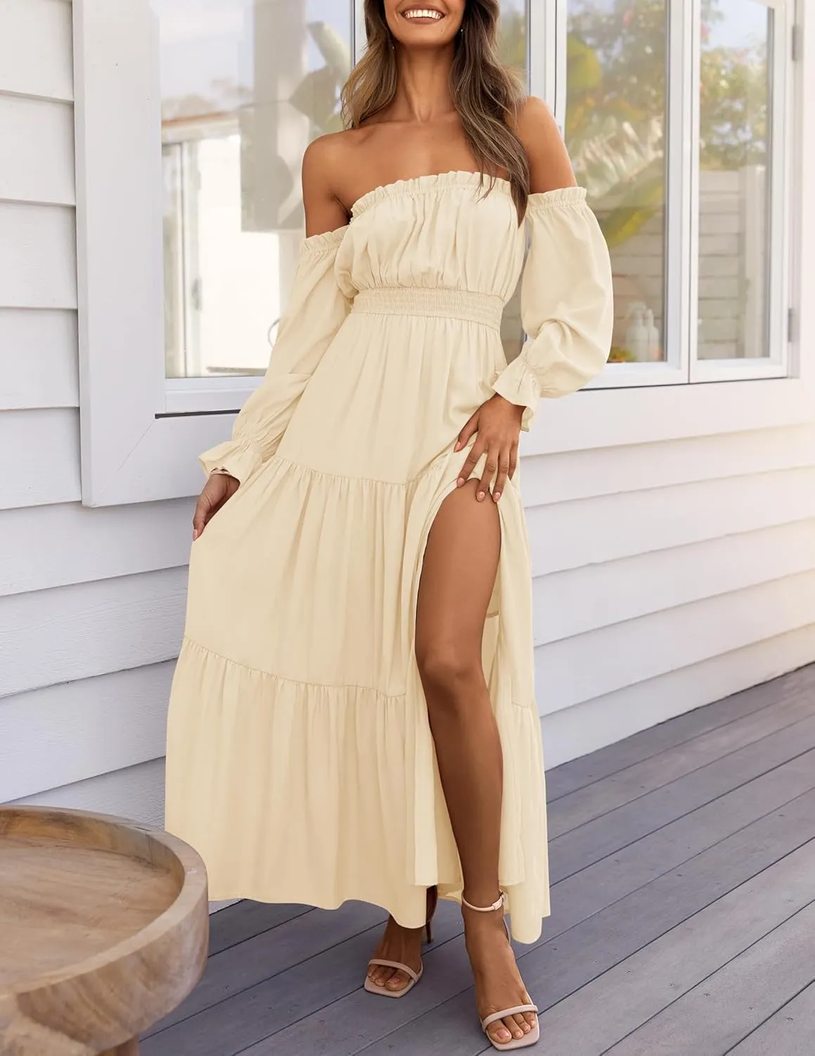 ZESICA Women's 2025 Boho Sexy Off Shoulder Long Sleeve Smocked High Waist Side Split Flowy A Line Tiered Long Maxi Dress