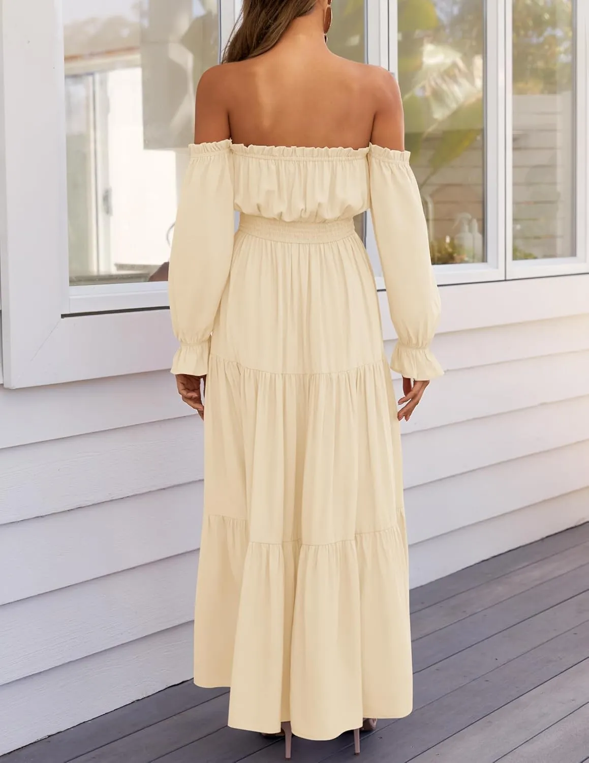 ZESICA Women's 2025 Boho Sexy Off Shoulder Long Sleeve Smocked High Waist Side Split Flowy A Line Tiered Long Maxi Dress