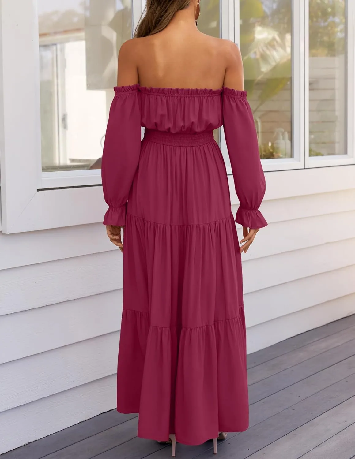 ZESICA Women's 2025 Boho Sexy Off Shoulder Long Sleeve Smocked High Waist Side Split Flowy A Line Tiered Long Maxi Dress