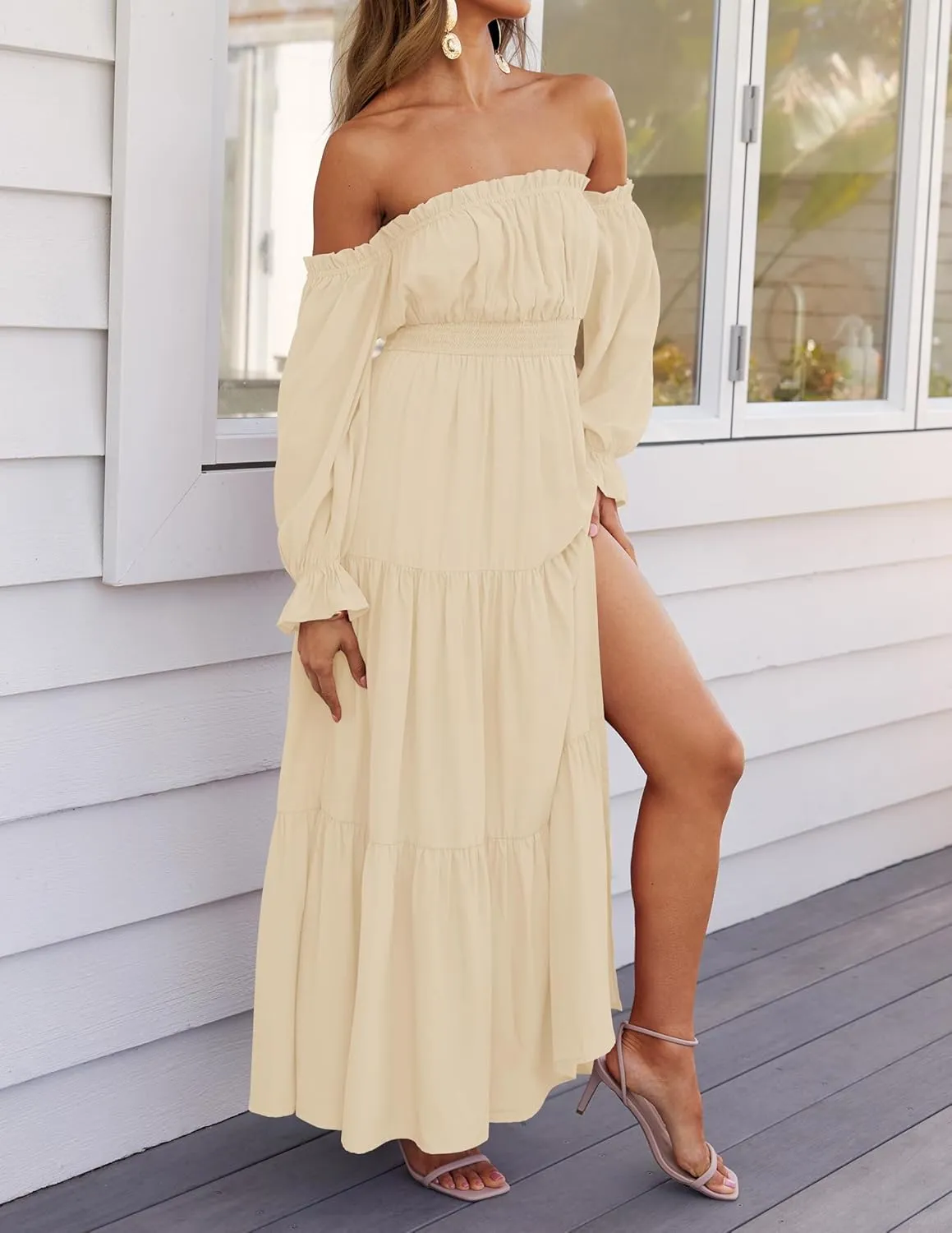 ZESICA Women's 2025 Boho Sexy Off Shoulder Long Sleeve Smocked High Waist Side Split Flowy A Line Tiered Long Maxi Dress