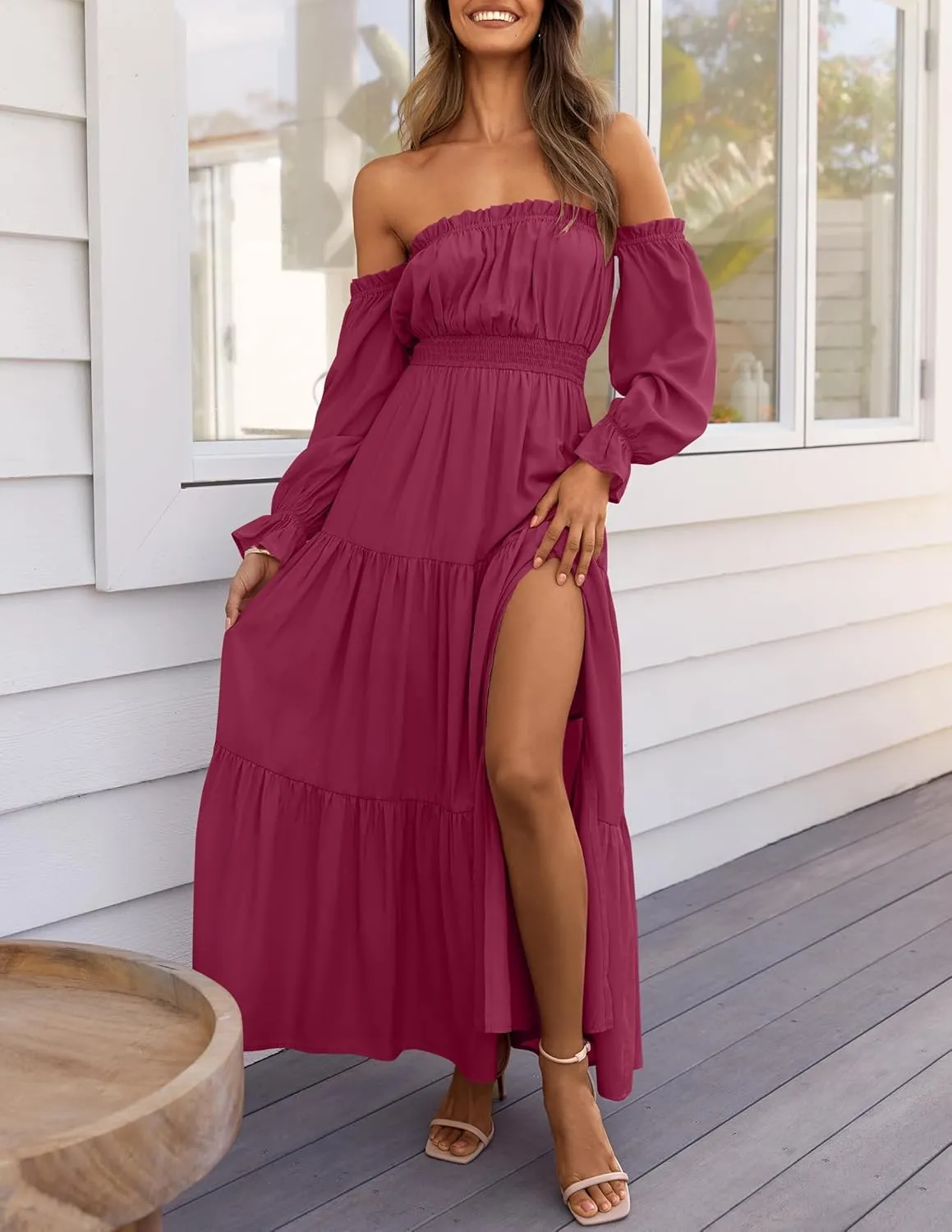ZESICA Women's 2025 Boho Sexy Off Shoulder Long Sleeve Smocked High Waist Side Split Flowy A Line Tiered Long Maxi Dress
