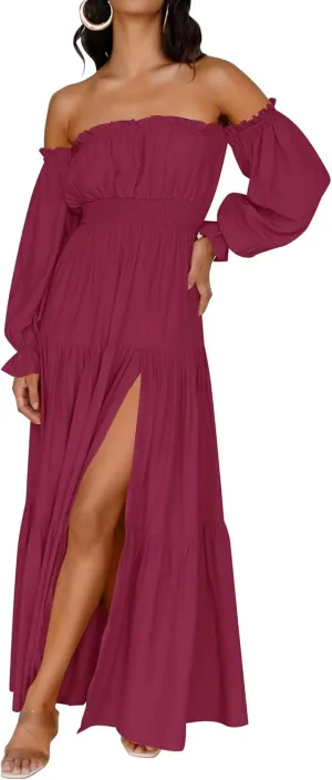 ZESICA Women's 2025 Boho Sexy Off Shoulder Long Sleeve Smocked High Waist Side Split Flowy A Line Tiered Long Maxi Dress
