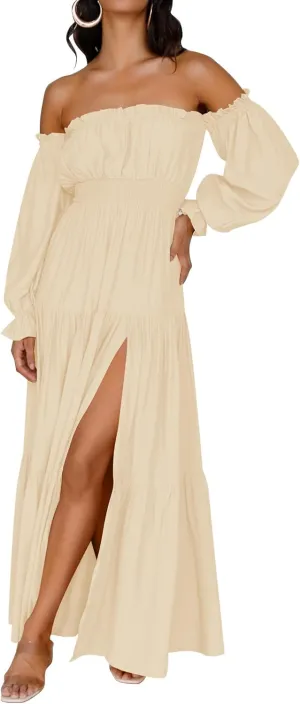 ZESICA Women's 2025 Boho Sexy Off Shoulder Long Sleeve Smocked High Waist Side Split Flowy A Line Tiered Long Maxi Dress
